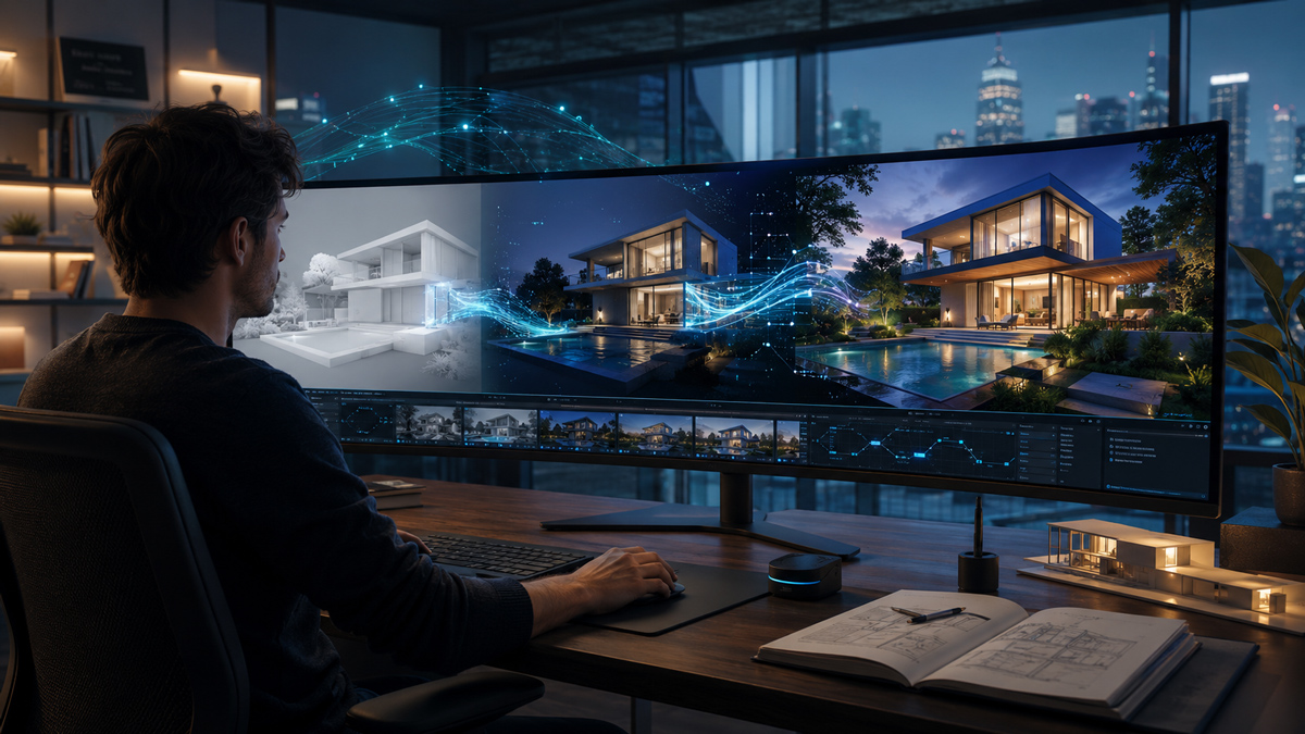 The Future of Rendering 3D artist designing a modern villa on an ultra-wide monitor using AI rendering and visualization tools
