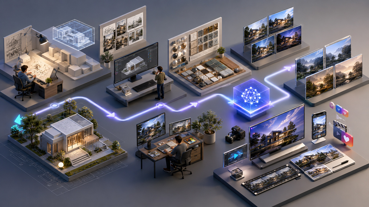 The Future of Rendering Connected digital workflow showing a 3D architectural model processed through AI nodes into cinematic animations and social media content