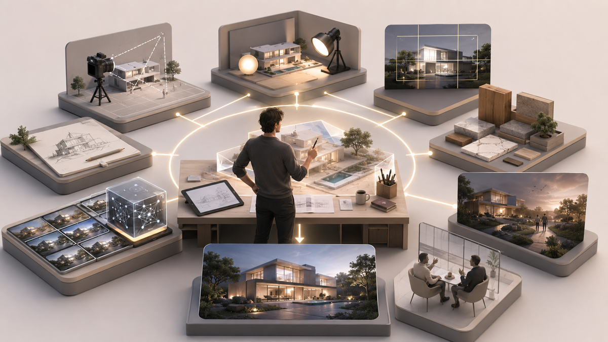 The Future of Rendering Architect directing an architectural visualization workflow surrounded by 3D models, lighting setups, material samples, and client presentations