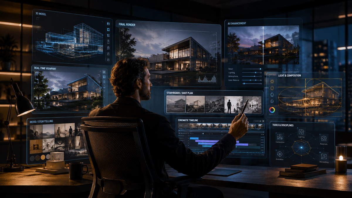 The Future of Rendering Render artist acting as creative director utilizing multi-screen UI dashboards for 3D modeling, real-time visualization, and cinematic timelines