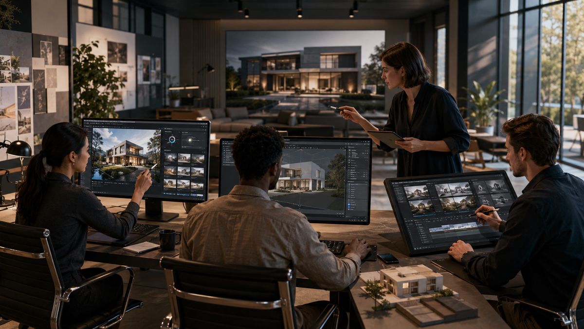 The Future of Rendering Architectural studio design team collaborating across AI visualization, real-time storytelling, and workflow systems