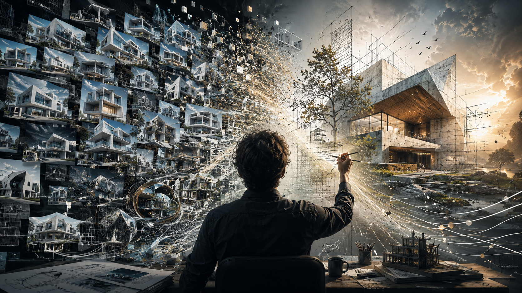 The Future of Rendering Render artist using human control and artistic direction to transform generic AI image variations into a refined architectural design