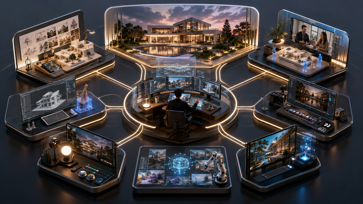 The Future of Rendering 360-degree hybrid workstation connecting traditional 3D architectural models, AI workflow generation, cinematic storytelling, and virtual client collaboration